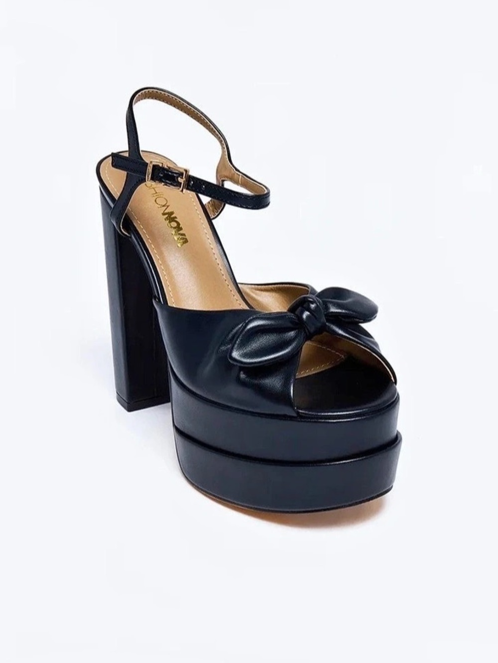 Fashion Nova Black Knotted Bow Square Toe Double Platform Block Heels